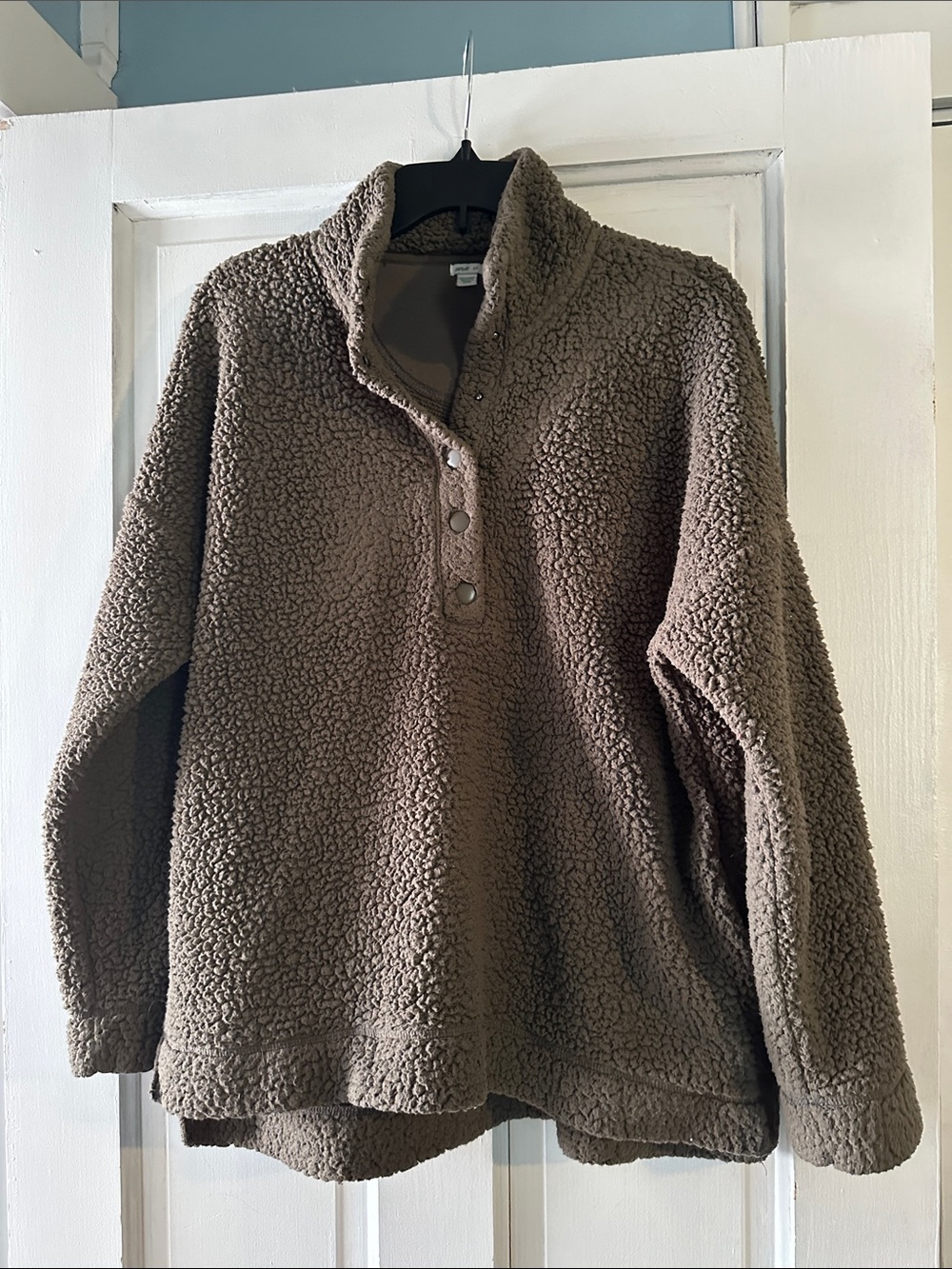 aerie Plush Sherpa Snap-Front Pullover - olive green